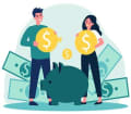 illustration of man and woman holding coins behind a piggy bank