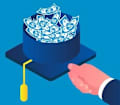 illustration of hand holding graduation cap filled with money