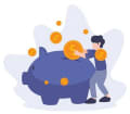 illustration of boy inserting money into piggy bank