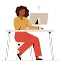 illustration of woman with questions sitting at desk in front of computer