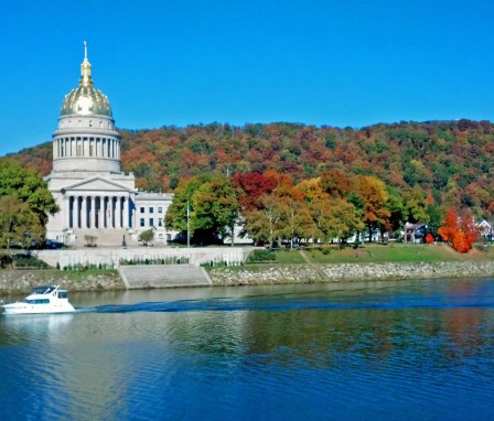 West Virginia state capitol building beside river