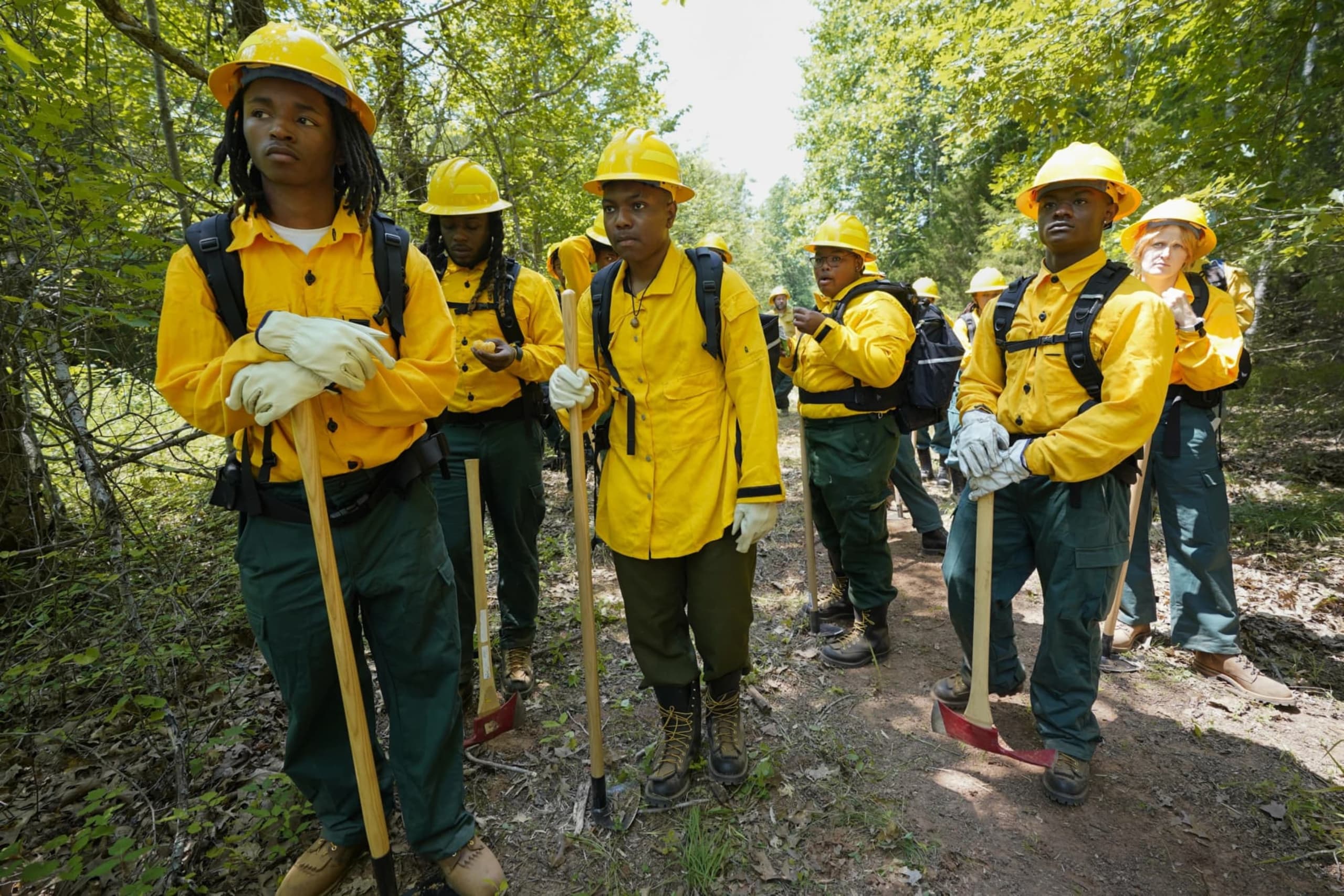 FireDawg students waiting for instructions in the forest.