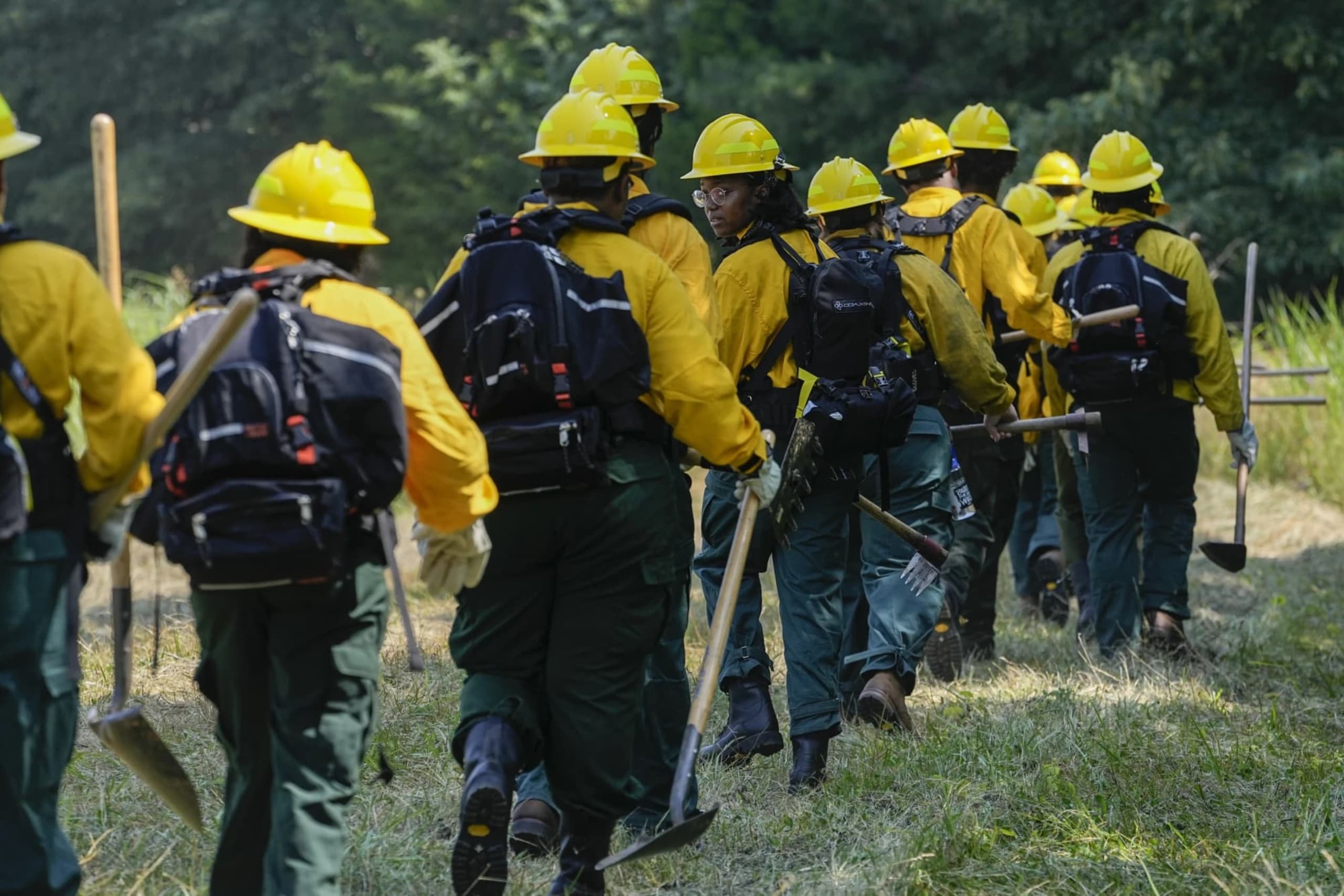 Students of the AAMU FireDawg program, walking in a line through the forest.