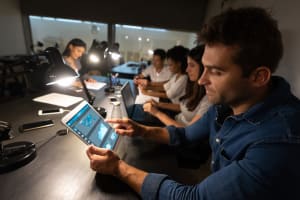 Business group working online at the office at nighttime using technology and developing mobile applications