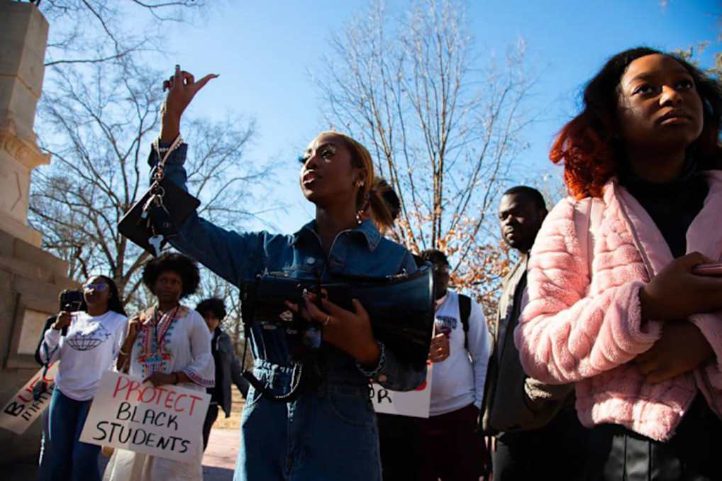 Students march against what speakers described as a racist culture at the University of South Carolina on January 20, 2023. While some speakers were inspired to act by a viral video showing a woman who claimed to be a USC student using racial slurs, speakers say they have experienced racism on campus before the video surfaced.