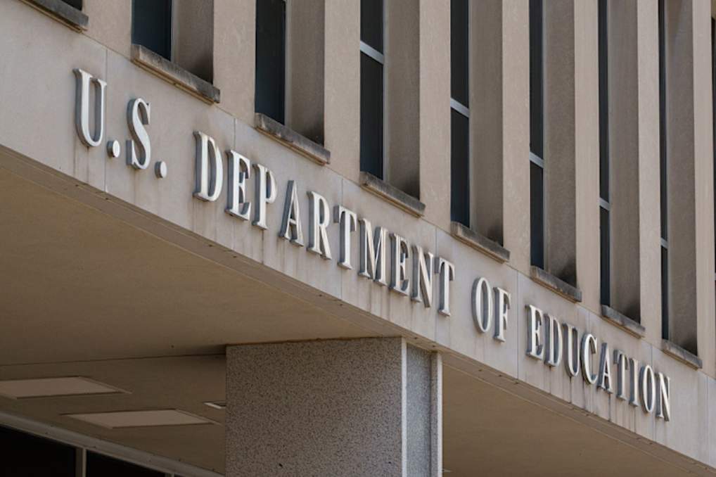 WASHINGTON, DC - MAY 18: A sign is displayed outside of the Lyndon Baines Johnson Department of Education building on May 18, 2025 in Washington, DC. (Photo by Kevin Carter/Getty Images)