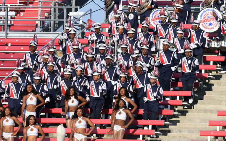 Members of the Howard University Showtime Marching Band wait to perform during the team's game against the University of Nevada Las Vegas Rebels at Sam Boyd Stadium in Las Vegas, Nevada.