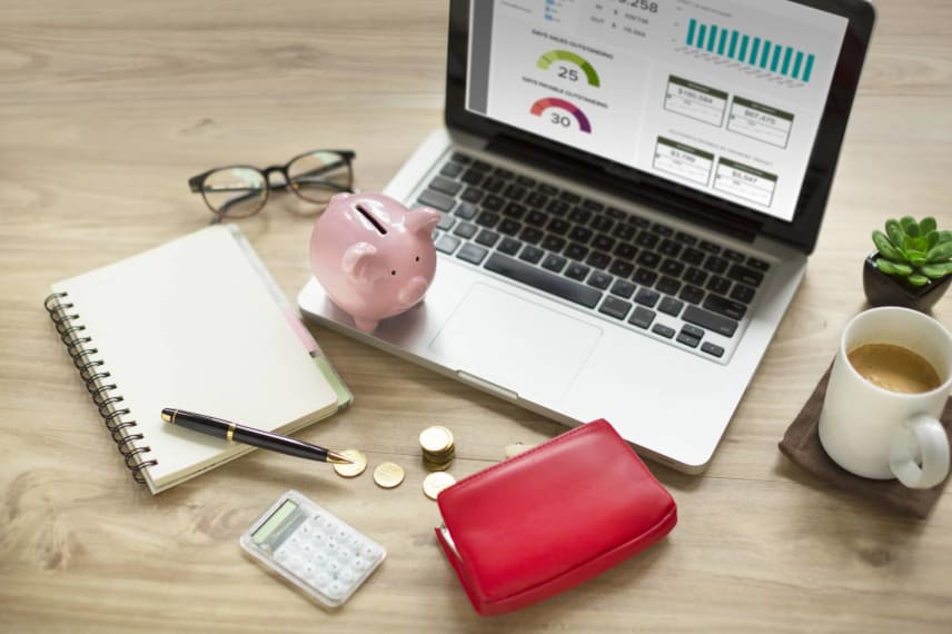 Top View Of Laptop Notebook Coffee And Office Supply Items On White Desk  High-Res Stock Photo - Getty Images