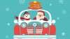 Cute Santa and snowman deliver pancakes in a red and white car on a blue background with snowflakes. (cartoon)