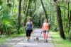 Two women on a hike in the woods with their little dogs
