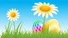 Graphical image of daisies and grass with two colorful easter eggs