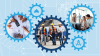 Engineering Career Connection - gears with images inside - one looking at engineering plans, second at a construction site and third three people collaborating at computer.