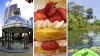 (L to R) The dome gazebo in Joe Chillura park in downtown Tampa, strawberry shortcake with whipped cream, a canoe on a river at one of the conservation parks