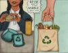 Colored pencil drawing - a woman using bags and containers that are made with recycled materials.