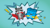 A cartoon drawing of River the Racoon in a red cape standing next to "Binny" the blue recycle bin with a yellow cape.