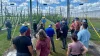 A group of people in a hops field listening to a man speaking