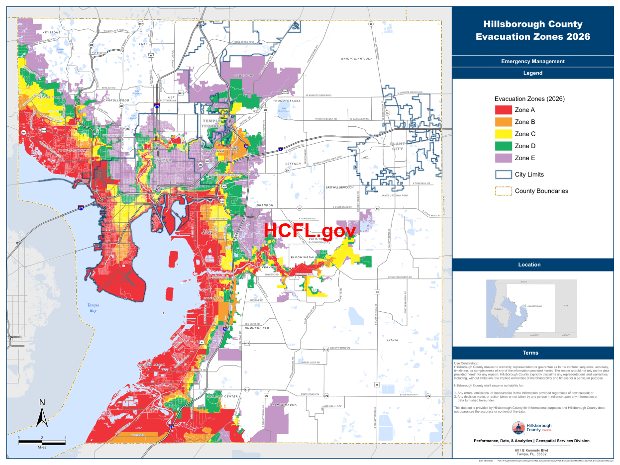 Map showing all of the updated evacuation zones for Hillsborough County - updated May 2026