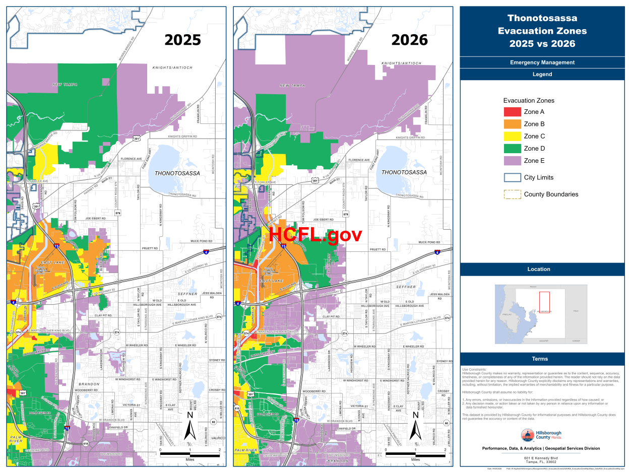 Maps showing a side by side comparison of the Thonotosassa Evacuation Zones 2025 vs 2026