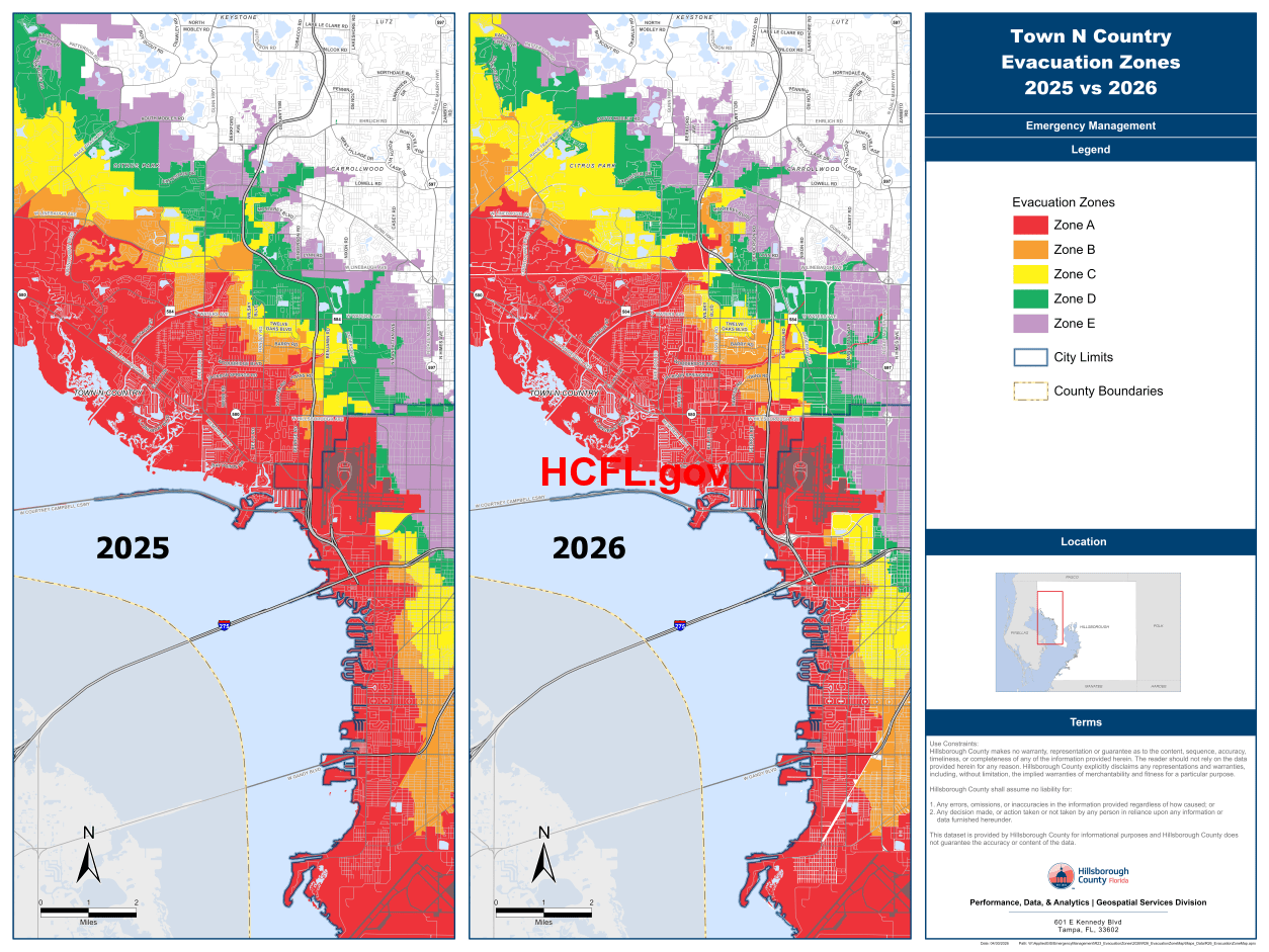 Maps showing a side by side comparison of the Town 'N Country Evacuation Zones 2025 vs 2026
