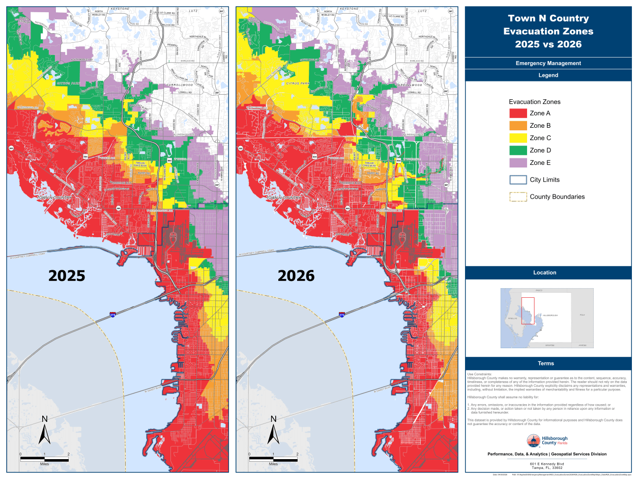 Maps showing a side by side comparison of the Town 'N Country Evacuation Zones 2025 vs 2026