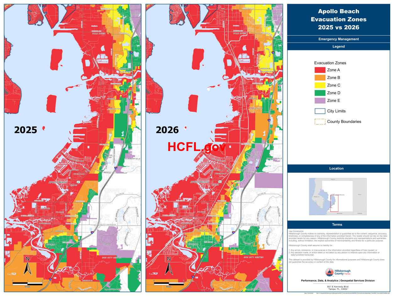 Maps showing a side by side comparison of the Apollo Beach Evacuation Zones 2025 vs 2026