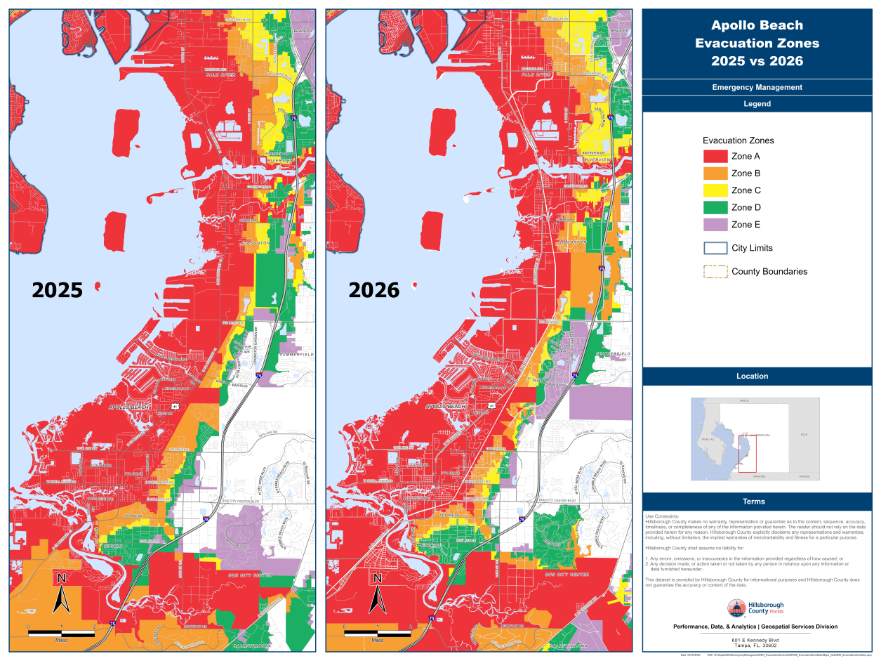 Maps showing a side by side comparison of the Apollo Beach Evacuation Zones 2025 vs 2026
