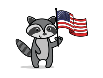 Cartoon raccoon (River) holding a US flag