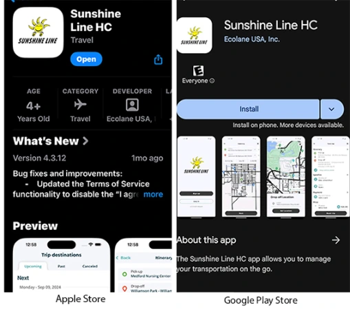 Screenshots of the Sunshine Line HC app in the Apple Store (left) and Google Play Store (right)
