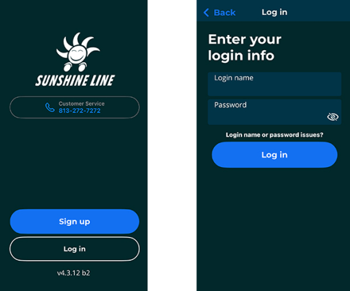Sunshine line login pages: (left) Customer service number and sign-up and log in buttons; (right) Log in page to enter login name and password