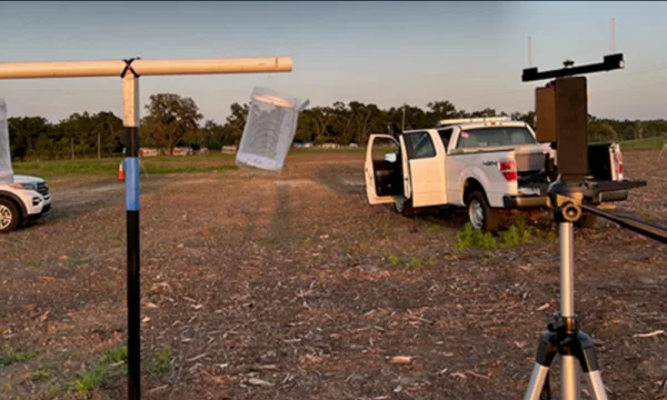 Pole with a mosquito cage in it in the midde of a field. There is a white pick-up truck near the pole.