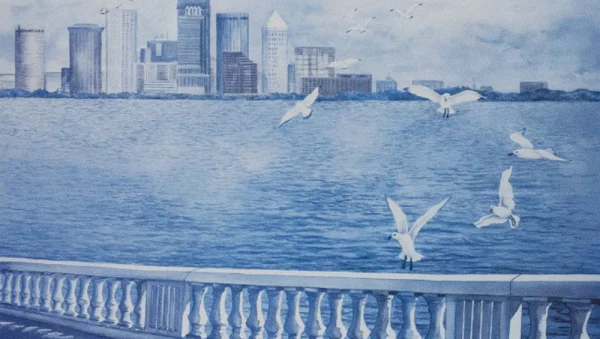 Lithograph print of a watercolor painting - seagulls flying over the water on Bayshore Blvd.with downtown Tampa in the background