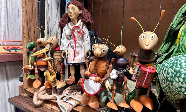 A collection of marionette puppets used by Bits 'N Pieces Puppet Theatre