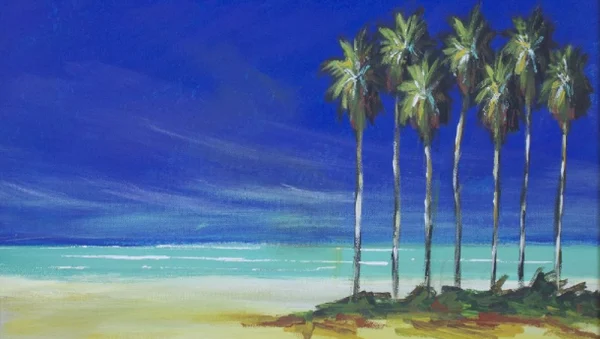 Painting - Palm trees against a deep blue sky and aqua colored water
