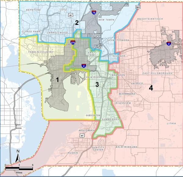 Map showing the boundaries for the four districts in Hillsborough Coumty