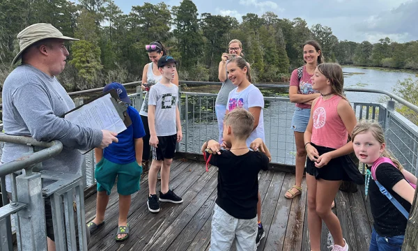 A group of people on the deck of an observation tower looking over Lettuce Lake