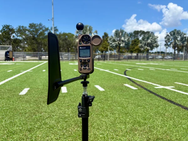 A wet bulb globe temperature meter measures heat stress at Skyway Sports Complex