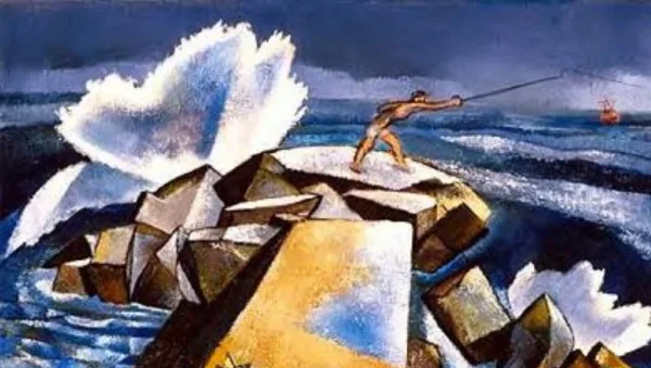 Painting - A person on the rocks fishing while a wave crashes against the rocks