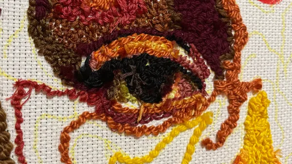A close up of a threadwork eye