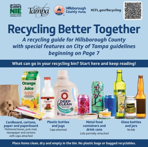The image shows various recyclable materials like cardboard cartons, paper, plastic jugs and bottles, metal food containers and cans, and glass bottles and jars