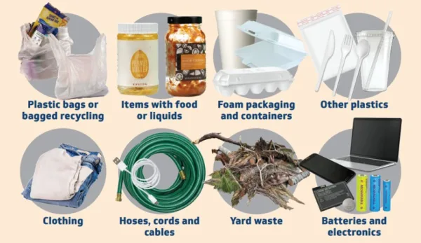 Items that do not belong in the blue recycle bin - plastic bags or bagged recycling; items with food or liquids; foam packaging and containers; other plastics; clothing; hoses, cords and cables; yard waste; batteries and electronics
