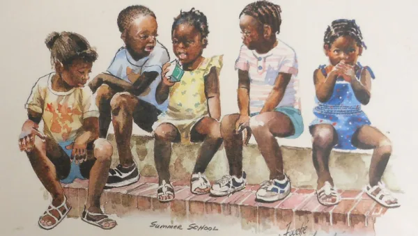 Painting - Five Black children sitting on steps