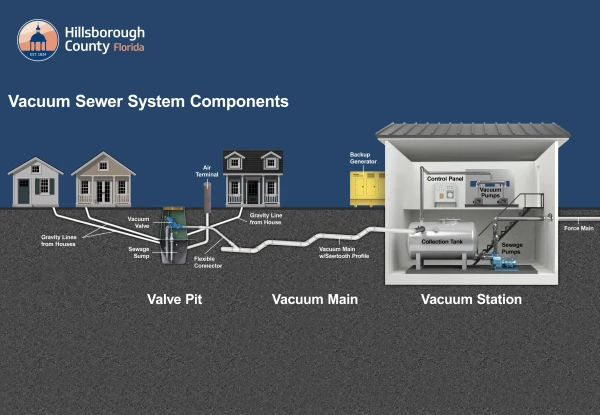 Vacuum Sewer System Components rendering showing houses connected to the valve pit, vacuum main and the vacuum station.