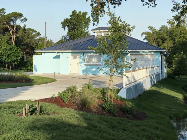 A blue building that looks like a house, but inside contains a vacuum pump station (not shown)