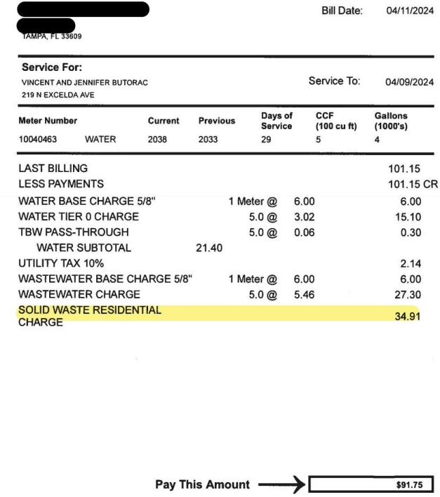 Example bill city of Tampa solid waste