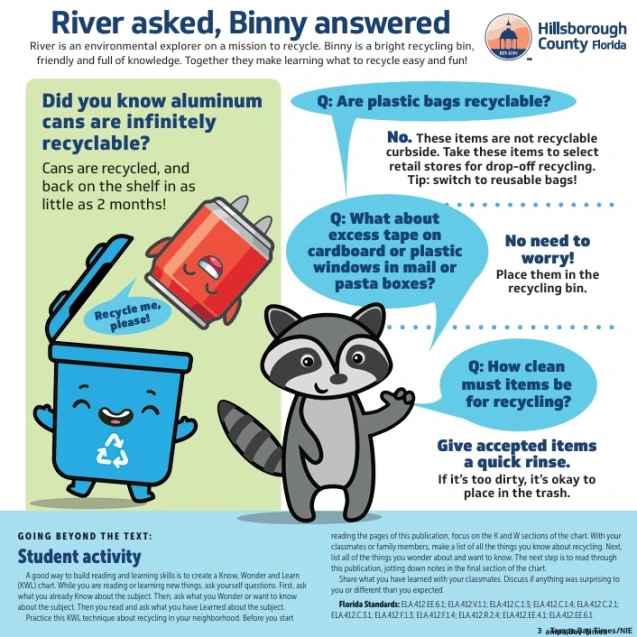 A cartoon - River (a racoon) is an environmental explorer on a mission to recycle. Binny is a bright blue recycling bin, friendly and full of knowledge. Together they make learning what to recycle easy and fun.