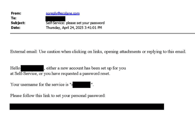 Example of the email to reset the password for the Sunshine Line app account