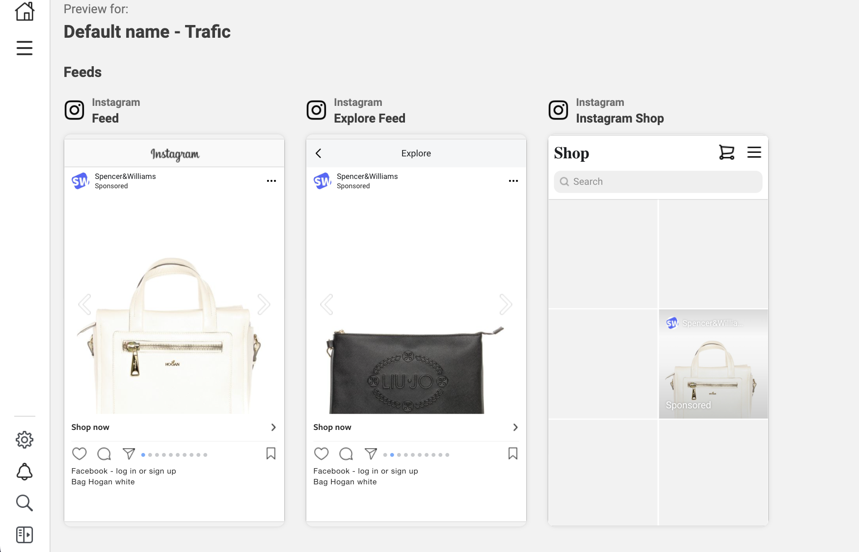 Instagram ads in feed showing product recommendations - purses and bags