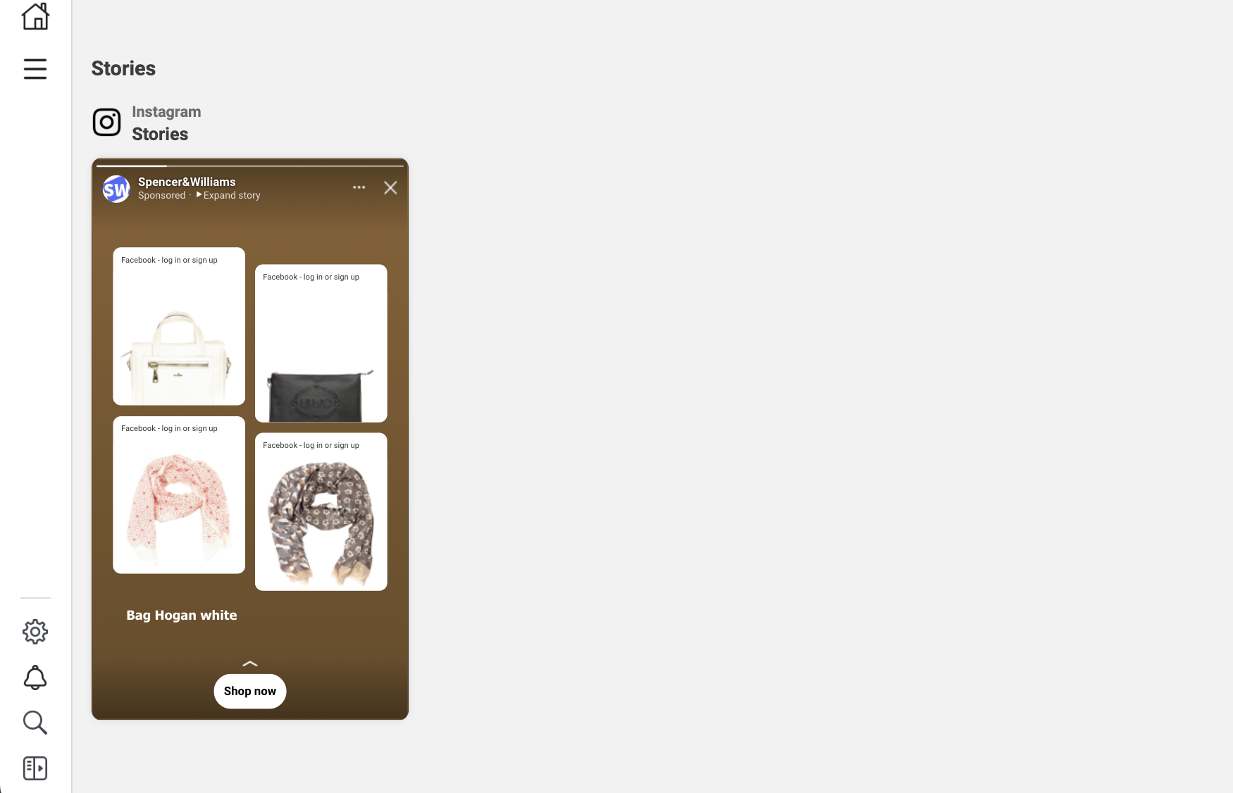 Instagram ads stories showing recommended products - purse, bag, and scarves