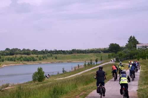 Gruppo in bicicletta su pista ciclabile nel verde