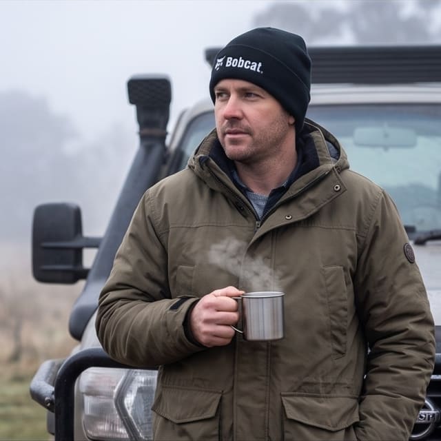 Man in the Bobcat beanie holding a hot drink beside a four-wheel drive on a cold morning